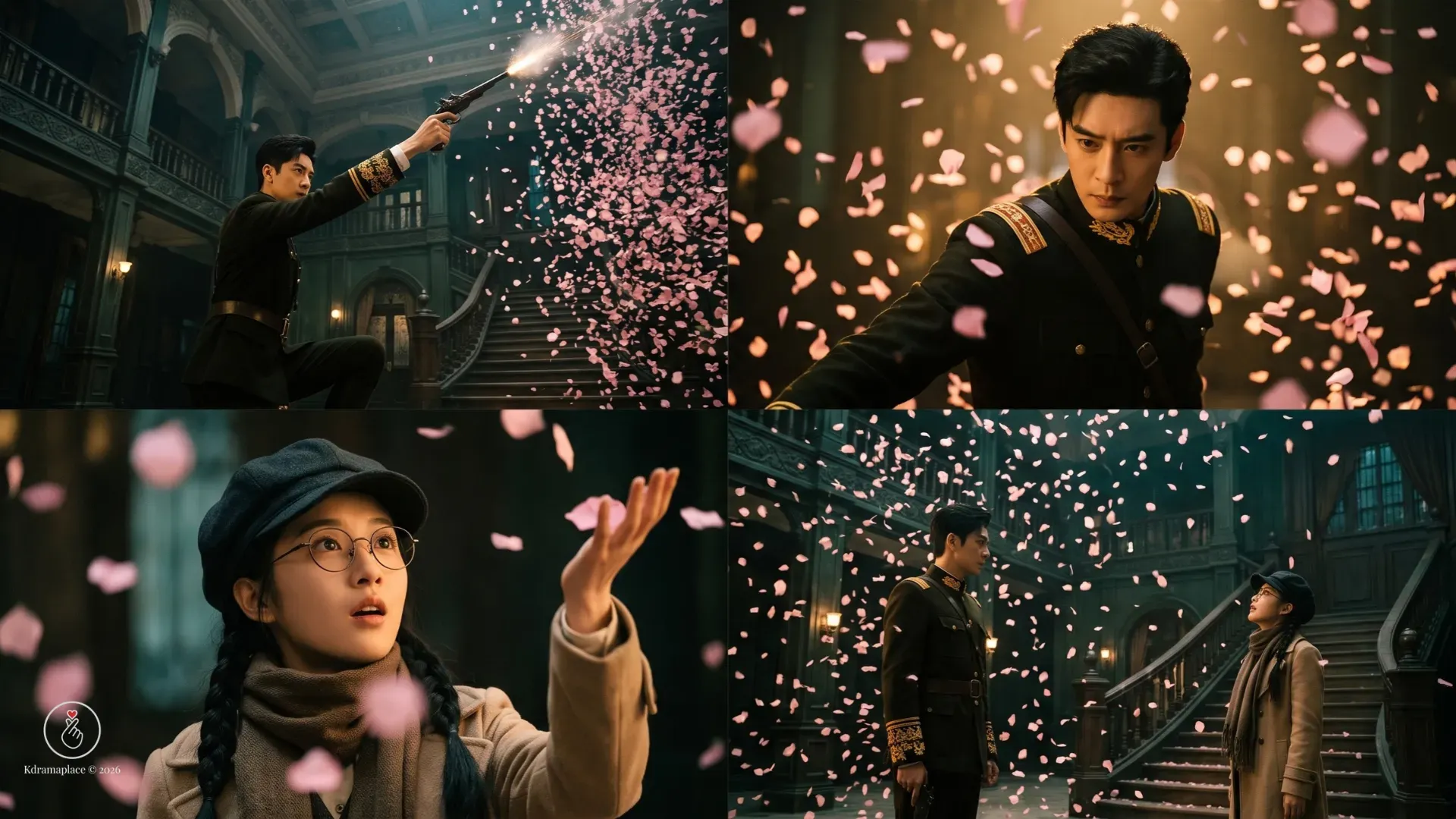 Montagem de cenas do dorama Amor Entre Linhas mostrando Xiao Zhiyu atirando com uma pistola antiga e gerando uma chuva de pétalas de rosas rosa ao redor de Hu Xiu.
