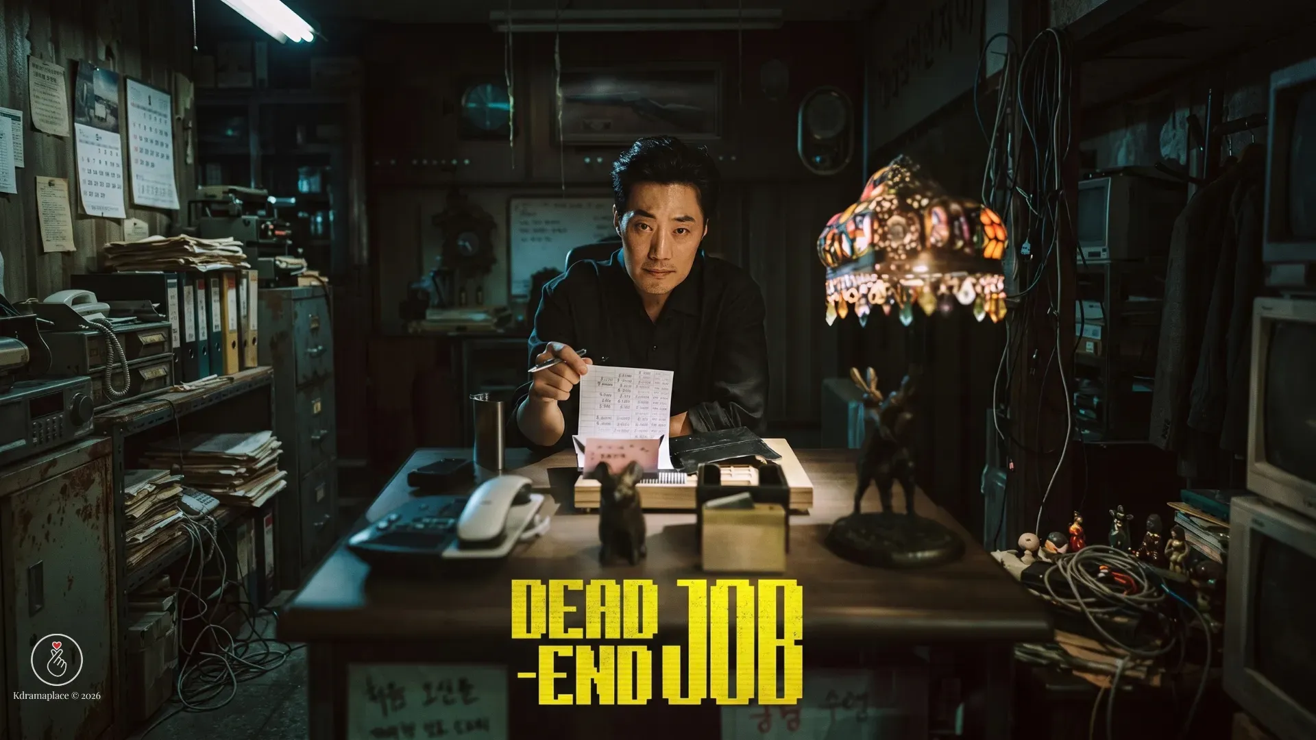  Ator Lee Hee-jun como o enigmático Sr S sentado em sua mesa de escritório antiga segurando papéis no dorama Dead-End Job.