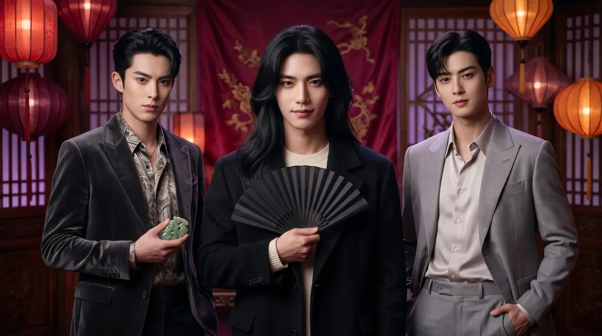 Conceito visual de dorama histórico criado por inteligência artificial com os atores Dylan Wang, Cha Eun-woo e um guerreiro asiático.