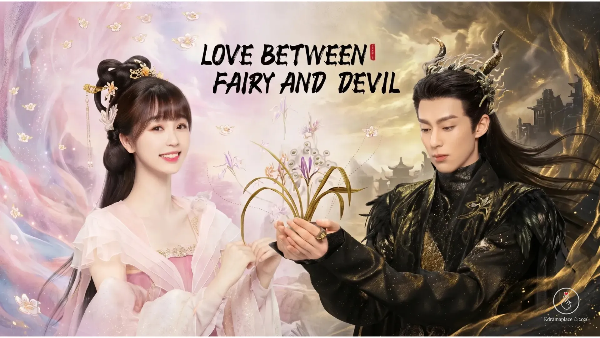 Dylan Wang e Esther Yu segurando uma flor dourada mágica no cenário do C-drama Love Between Fairy and Devil.
