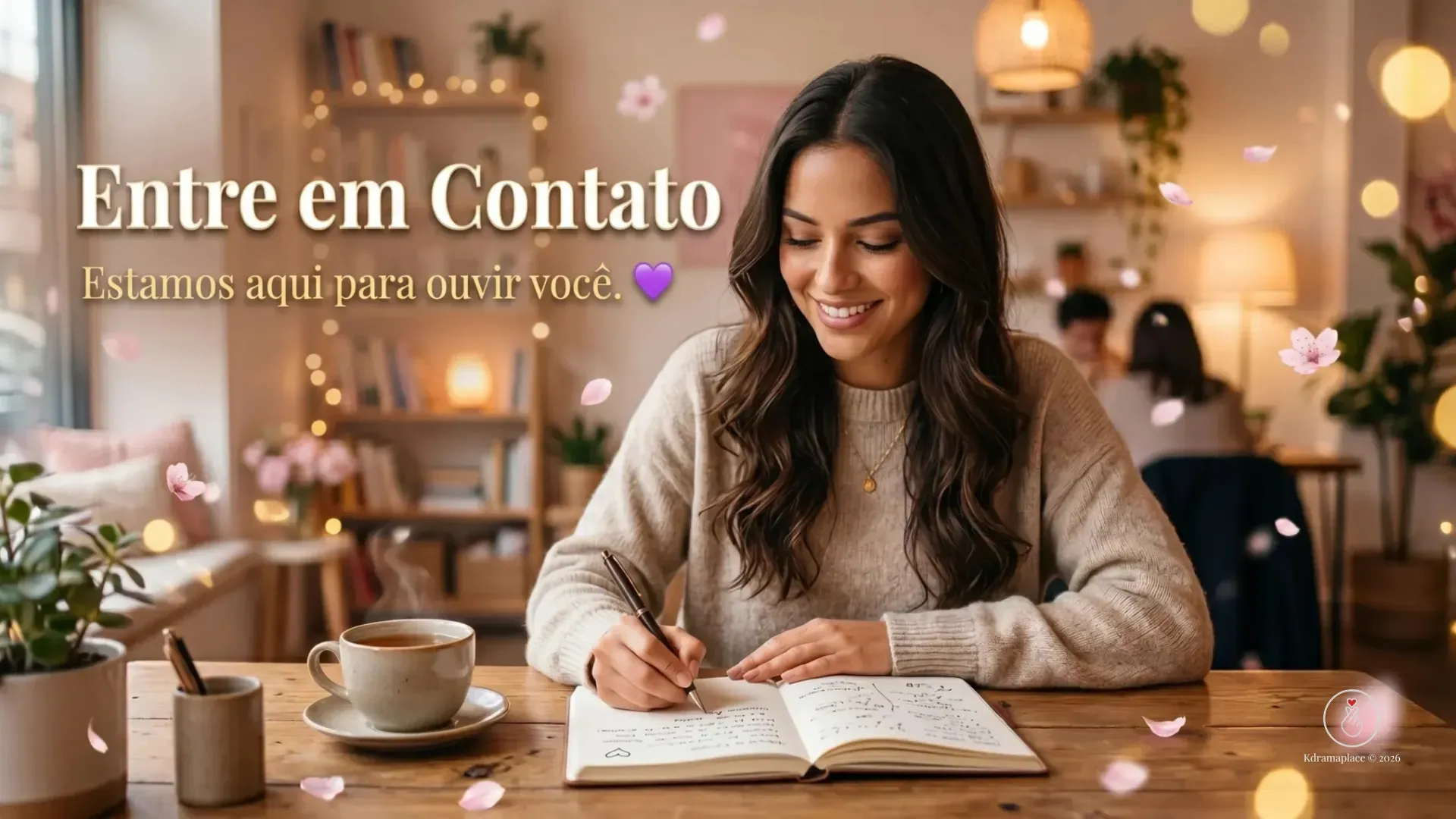 Mulher sorrindo enquanto escreve em um caderno em cima da mesa de uma cafeteria iluminada.