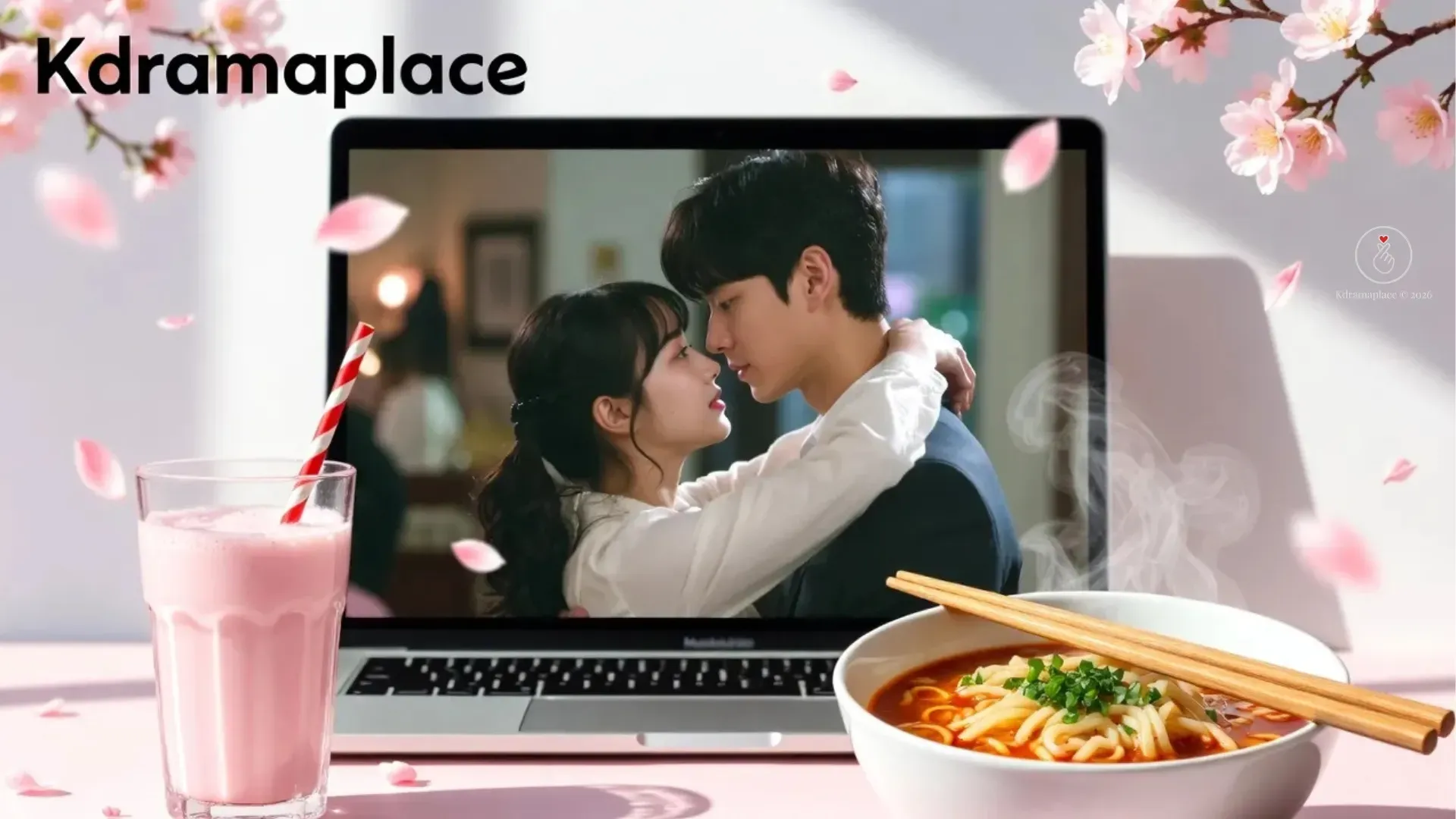  Notebook exibindo cena de abraço de casal de dorama ao lado de uma tigela de ramyeon com hashis e copo de bebida rosa.
