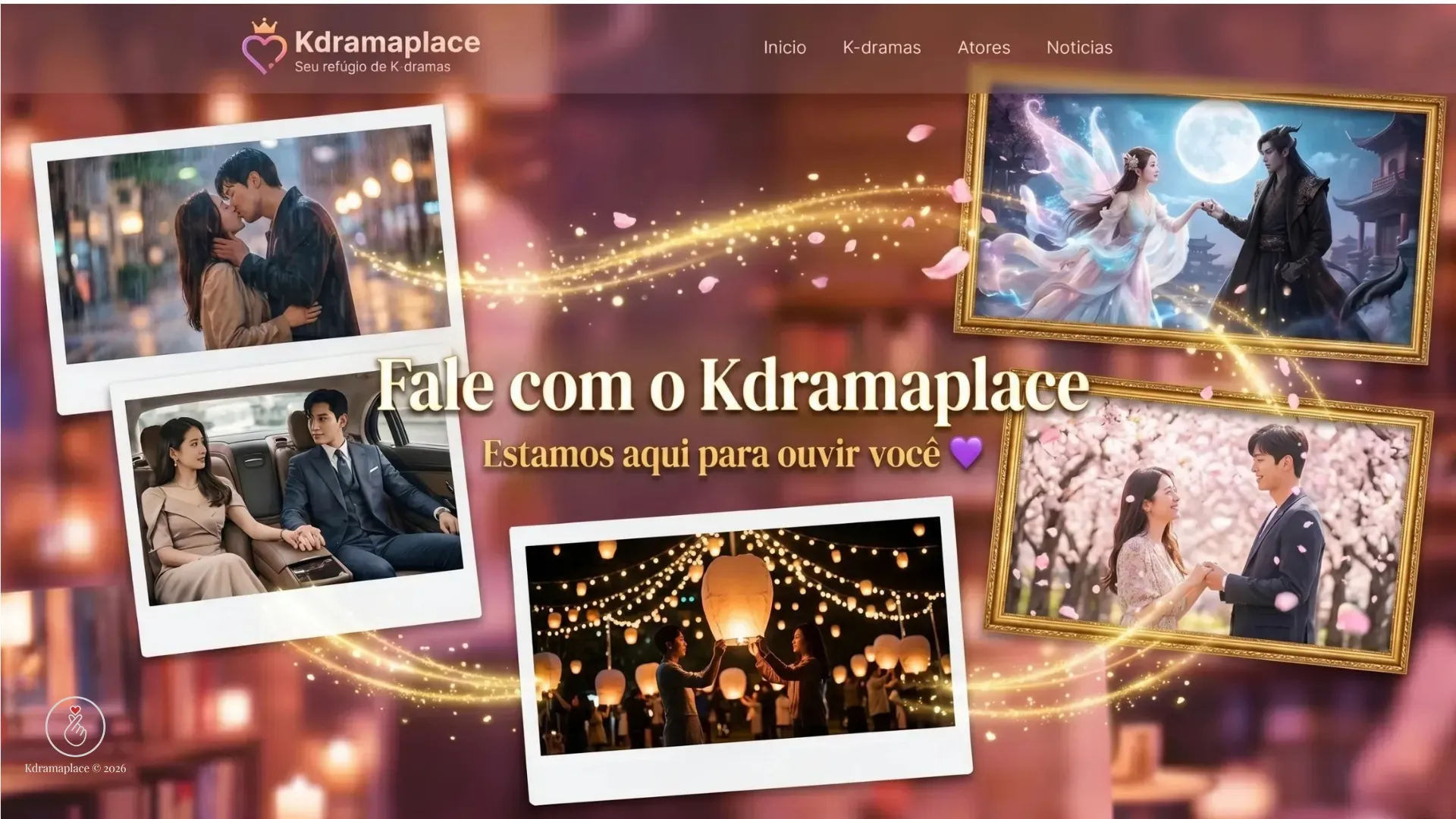  Montagem de fotos com casais de doramas românticos e o texto fale com o Kdramaplace.