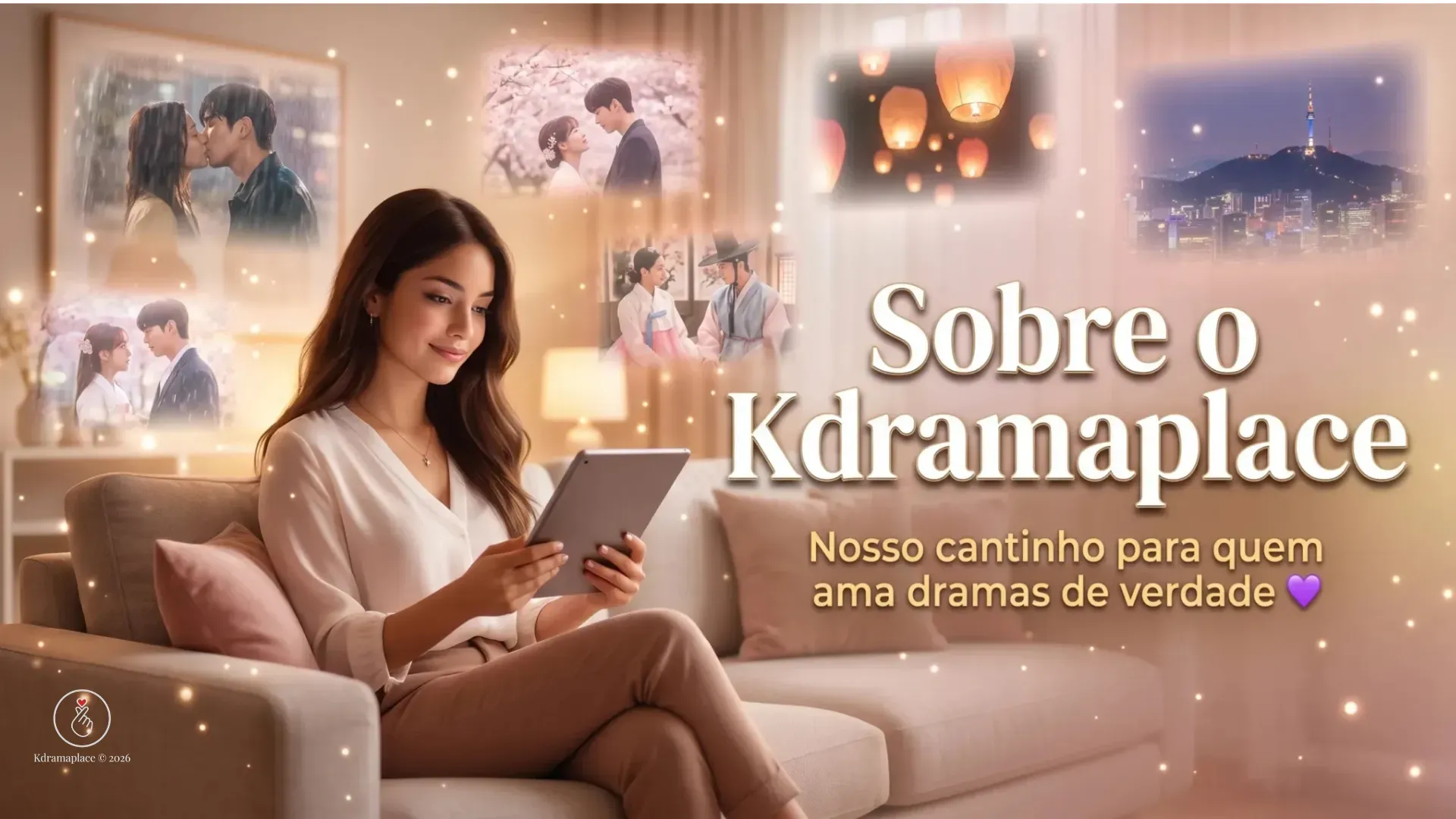 Banner oficial da página Sobre o Kdramaplace com uma mulher sentada no sofá mexendo no tablet.